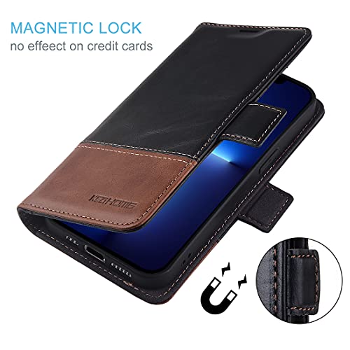 Kezihome Iphone 13 Pro Genuine Leather Rfid-Blocking Wallet Case, Flip Magnetic Stand Cover With Card Slots (6.1 Inch, Black/Brown) #TOP4