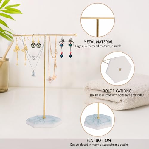 Minicoco Jewellery Organiser Stand Metal T-Bar Jewelry Stand Necklace Display Stand Earrings Display Holder Hanging Pendant Rack with Marble Pattern Round Tray for Bracelets Rings Keys (Gold + White) - Image 2