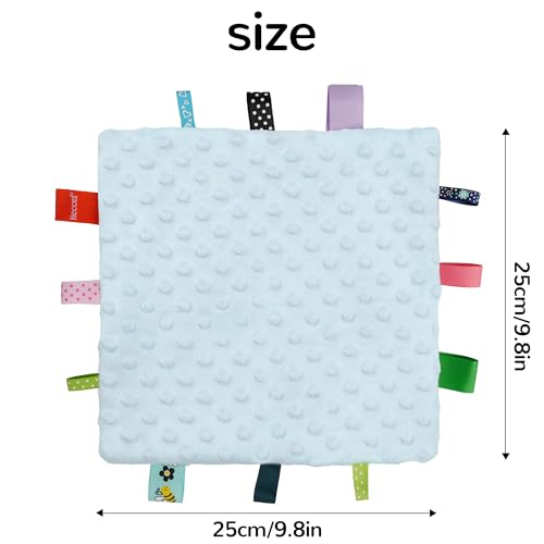 Image of HECCEI Baby Tags Security Blankets - Baby Soothing Plush Blanket with Colorful Tags, Square Sensory Toys, 10 x 10 inches, for 3-12 Months Babies(Blue)