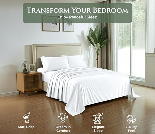 Image of ROYALE LINENS 100% Organic Cotton Full Sheet Set - 16 inch Deep Pocket Bed Sheets - Eco Friendly White Bed Sheets - Sabanas Full - 1 Flat, 1 Fitted & 2 Pillowcases - White Sheet Set - Cotton Bedding Sets