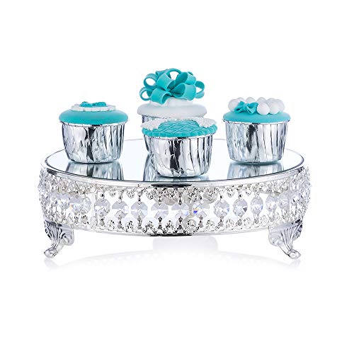 Nuptio Présentoir à Gâteaux Mariage Argenté: Plateau Miroir en Métal avec Perles de Cristal, Présentoirs à Gâteaux d'anniversaire Ronds Cupcake Après-Midi Thé Gâteaux Table à Dessert, 26cm Cover