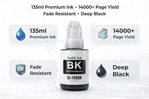 Image of ROHINK GI-790 Black Ink Bottle Compatible for Canon G1000 G1010 G1100 G2000 G2002 G2010 G2012 G3000 G3010 G3012 G3100 G4000 G4010 Series (135ml X 2 Black)