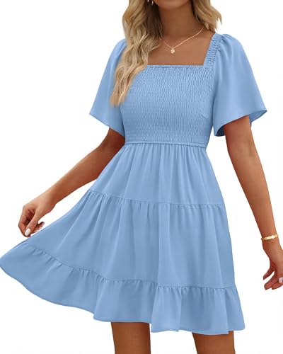 BTFBM Women's Summer Smocked Mini Dress Square Neck Flutter Sleeve Casual Ruffle Flared Swing Boho Beach Dresses Pockets(Light Blue, Small)