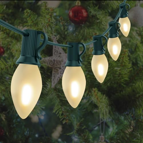C7 LED Frosted White String Lights Outdoor 25Ft Christmas Decorations String Lights with 27 LED Frosted White Bulbs Hanging Vintage Christmas Lights for Outdoor Patio Garden Backyard Roofline, Green