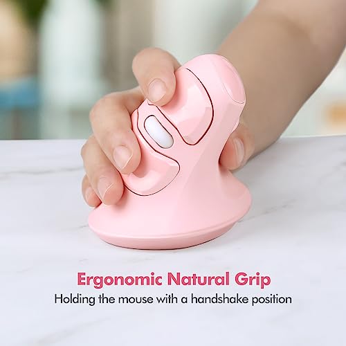 Image of MicroPack Ergonomic Vertical Wireless Mouse, Silent Cordless Office Mouse with USB-A & Type-C Receiver, 800 /1200 /1600 DPI, 6 Buttons, Reduces Wrist Strain for Work, Windows, Mac, PC & Laptop Pink