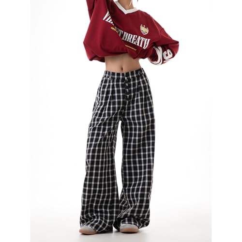 Pooyikoi Women Pants Casual Retro Mid-Waist Wide Leg Straight Leg Pants Casual Hip Hop Fashion Gingham Pant Streetwear2