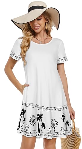 Image of Summer Dresses for Women Casual Tshirt Short Sleeve Floral Sundress Beach Cover Ups with Pockets(White Tree, 3XL1)