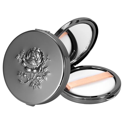 Fashion Creative Luxury Metal Beauty Sponge Case, Rose Gold Pattern, 7 cm Compact Mirror Case with Puff, Travel Makeup Powder Holder (Black)