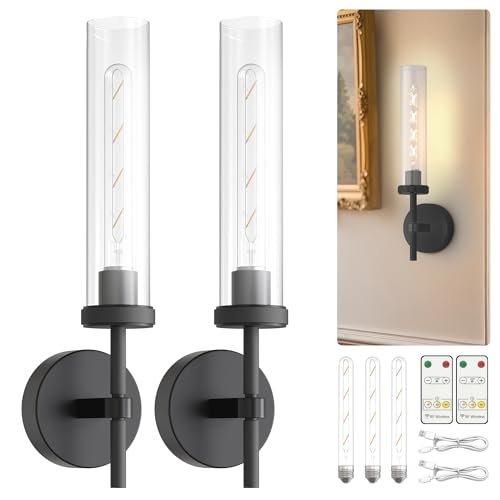 L LOHAS Battery Operated Wall Sconce Set of 2, Rechargeable Wall Lights with Remote, Dimmable Cordless Wall Lamps, 10000mAh with Type-C Charging, No Hardwiring, for Bedroom Living Room Hallway, Black