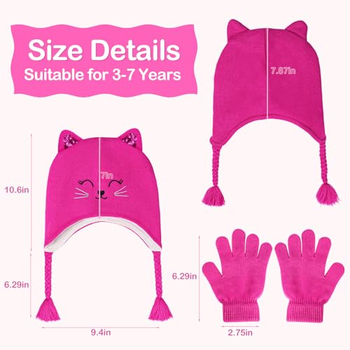 Girl Knit Cat Ear Beanie Hat and Glove Set Kids Winter Earflap with Braided Ski Skull Cap Mitten Set Age 3-73