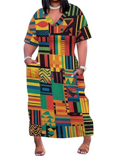 Image of PinkPatty Women's Plus Size Short Sleeve Maxi Dress Casual Loose V Neck Long Dress with Pockets | Boho floral wrap maxi dress with belt for vacations, weddings, parties, church, dinners, and everyday elegant wear