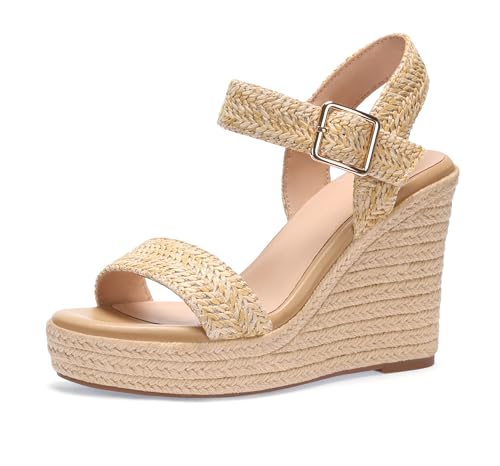 Image of Wedges for Women, Espadrille Platform Sandals, Comfortable Open Toe Wedge Heels with Ankle Strap Buckle, Summer Vacation Casual Shoes