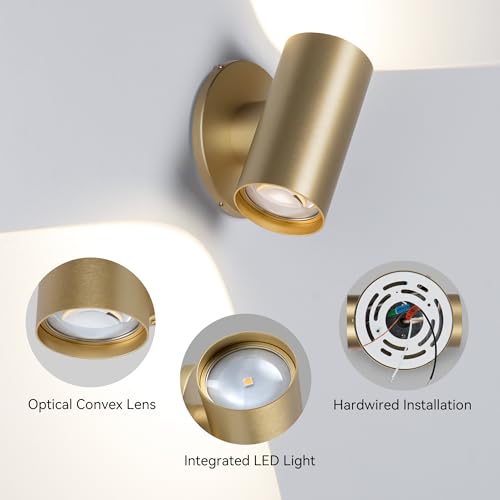 Image of Tubicen Indoor Wall Sconces Set of Two Gold Movie Theater Lights Hardwired | 7W Bright LED Dimmable Home Theater Wall Sconce Gold Cylinder Wall Lights for Living Room Hallway Stairs TV Movie Room