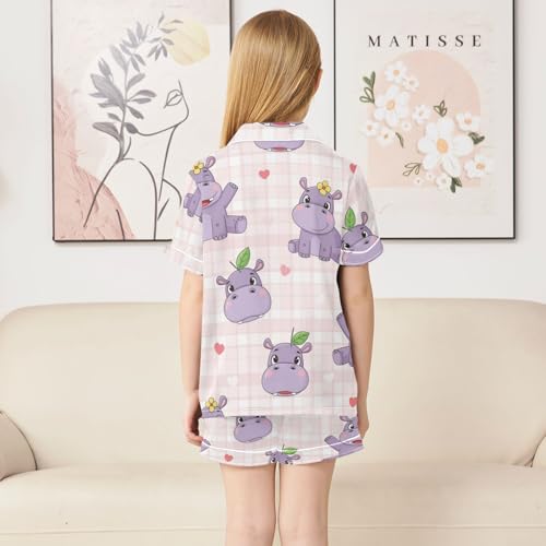 Satin Pajama Sets Short Sleeve Cute Hippo Pattern Design Button Down Silky Nightwear 2 Piece PJS 5-14Y4