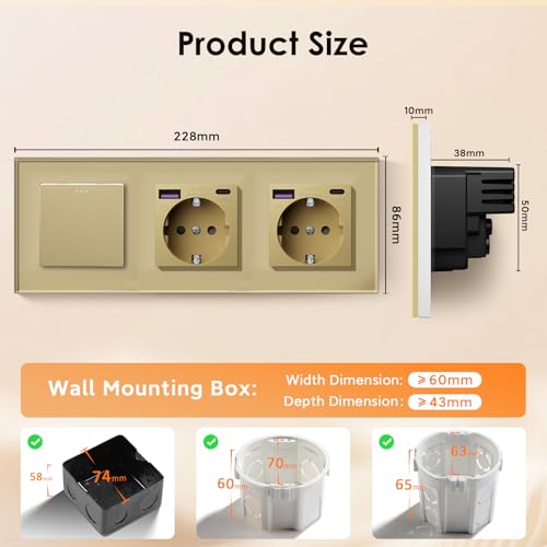 BSEED Lichtschalter mit Steckdose, Doppel Schuko Unterputz Steckdose mit USB C 20W Schnellladeger&auml;t USB Type C, 1 Fach 2 Weg Taste Schalter, Wandschalter mit Glas Rahmen Geeignet f&uuml;r Phone, Pad-Gold