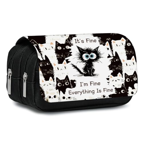 Estojo de lápis de gato para meninos e meninas desenho animado gato preto I'm Fine Pencil Pounch grande capacidade flip top bolsa de caneta com zíper material de volta às aulas suporte de caneta com