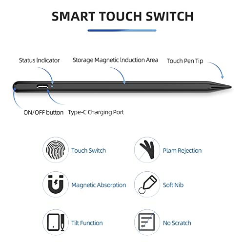 Stylus Pen voor iPad 2018-2022, Stylus Pen Compatibel met Apple iPad 9/8/7/6th, iPad Mini 6/5th, iPad Air 4/3th, iPad Pro 11''/12,9'', capacitieve pen met 4 reservepunten, Palm Rejection (zwart) - Image 5