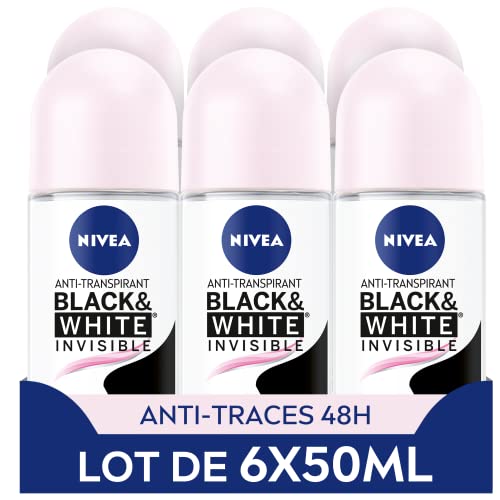 NIVEA Déodorant Bille Black & White Invisible (6 x 50ml), déodorant femme anti-traces blanches et jaunes, anti-transpirant anti odeur & humidité, protection...