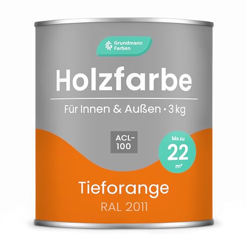 Grundmann Holzfarbe ACL 100 - Holzlack 3 Kg Orange - 4in1 inkl. Grundierung - Seidenmatt - Wetterfest für Innen & Außen - RAL 2011 Tieforange