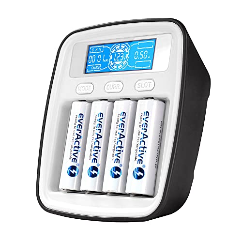 everActive Ladegerät für 4 Akkus AAA AA, professionell, schnell, LCD Anzeige, Kapazitätstest, USB-Typ-C-Buchse, Modell: NC1000M