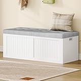 Hzuaneri Coffre de Rangement, Banc à Chaussures, avec 2 Charnières de Sécurité, Banc de Rangement, avec Coussin en Lin, Gagnez de l'espace, pour Couloir, 40 x 109 x 44,5 cm, Blanc Gris SB01903GY