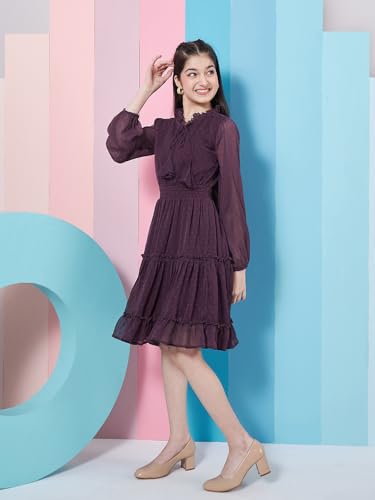Image of Pspeaches Girl's V-Neck Long Sleeves Chiffon Fit & Flare Dress Purple Color Casual Stylish Wear