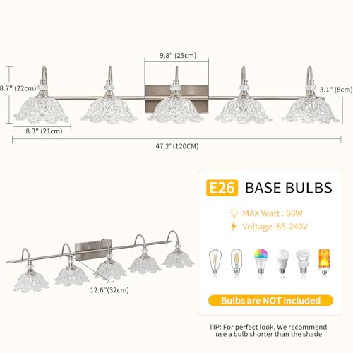Image of Brushed Nickel 5-Light Bathroom Vanity Light with Floral Clear Glass Shades, Brushed Nickel Wall Mount Lighting for Bathroom, Dressing Table