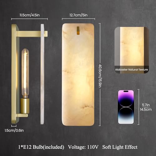 Image of Rectangular Alabaster Wall Sconce 16 Inch, Natural Spanish Stone Brass Gold Wall Light, Modern Marble Sconces Dimmable E12 Hardwired Bathroom Vanity Light Fixture for Mirror, Bedroom, Hallway(1 Pcs)