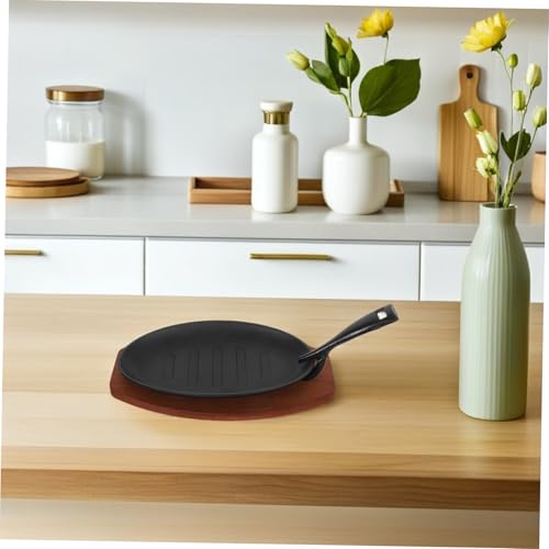 Cabilock Cast Iron Baking Pan Fajita Plate for Home Barbecue Catering Wooden Tray Sizzling Steak Plate Iron Cast Frying Pan - Image 2