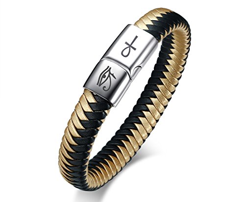 VNOX Mens Gift Tri-Color Braided Leather Egyptian Eye of Horus Magnetic Clasp Cuff Band Bracelet for Men