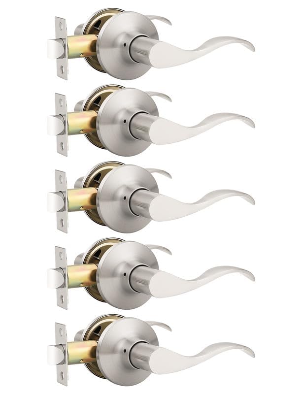 Image of Mengico 5 Pack Satin Nickel Modern Interior Passage Door Knobs, Keyless Door Handle for Hallway & Closet, Wave Style Non-Locking Door Lever Reversible for Left & Right Handed