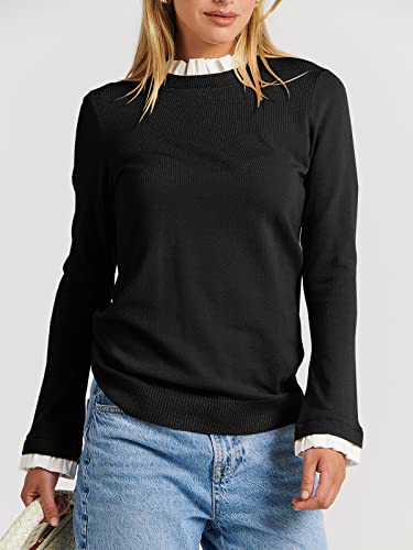 Anrabess Women’s Long Sleeve Mock Neck Ruffle Contrast Slim Fit Casual Solid Knit Pullover Sweater Top 563Heise-S Black #TOP2