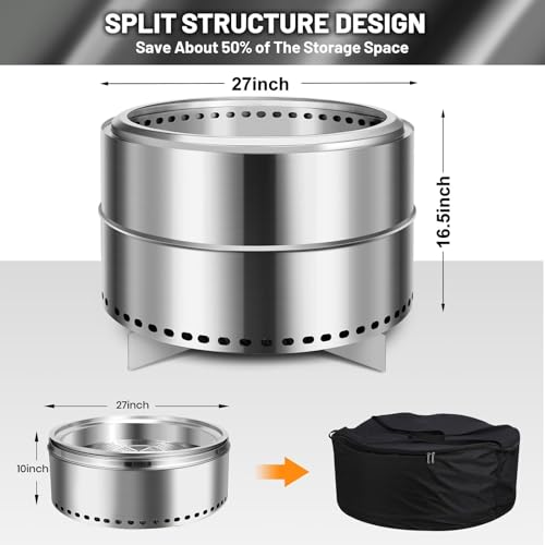 Smokeless Firepit, 27 Inch Stainless Steel Outdoor Portable Fire Pit with Removable Ash Pan and Carry Bag, Wood Burning Firepits for Outside with Stand, Ideal for 6 or More People, Silver