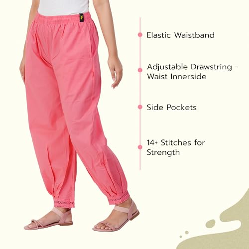 Image of Happy Bunny Women's Cotton Afghani Salwar with Lace Embroidery Detailing - Elastic Waist, Comfortable Loose Fit Bottoms for Casual, Ethnic
