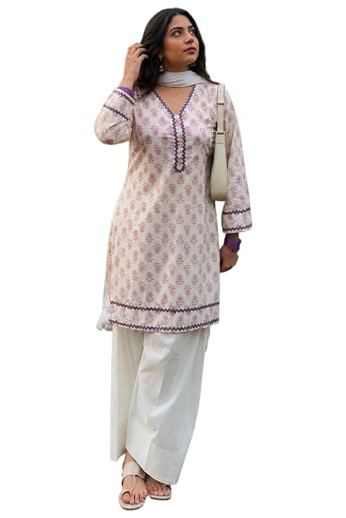 Cotton Blend Printed Straight Kurta Set with Dupatta for Women | Cotton Blend Purple | Full Sleeve | V-Neck | Ethnic Wear Casual Wear-image-28