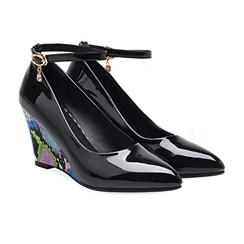 MIOKE Women's Fashion Wedge High Heel Pumps Pointed Toe Ankle Strap Comfy Chunky Dress Party Wedding Shoes2