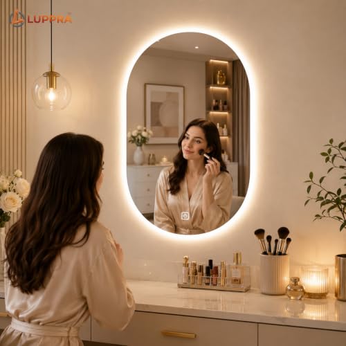 Image of LED Bathroom Mirror 12x18 Inch - Smart Wall Mounted Vanity Mirror with Touch Sensor, 3 Color Dimmable Lights & Anti Fog Glass