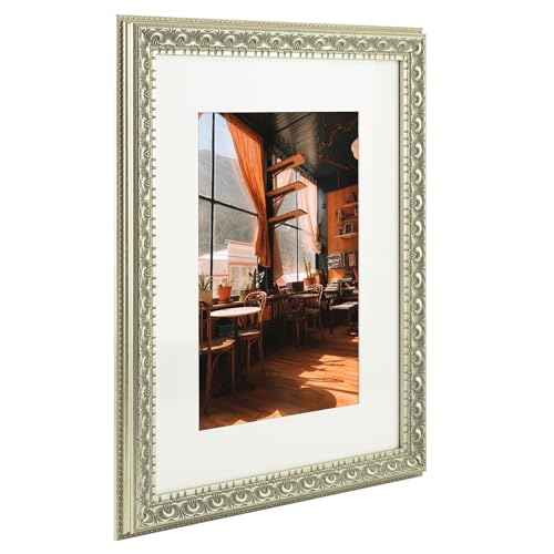 Image of Golden State Art, 12X16 Ornate Finish Photo Frame with White Mat for 8X12 Picture & Real Glass, Color: Silver Beige