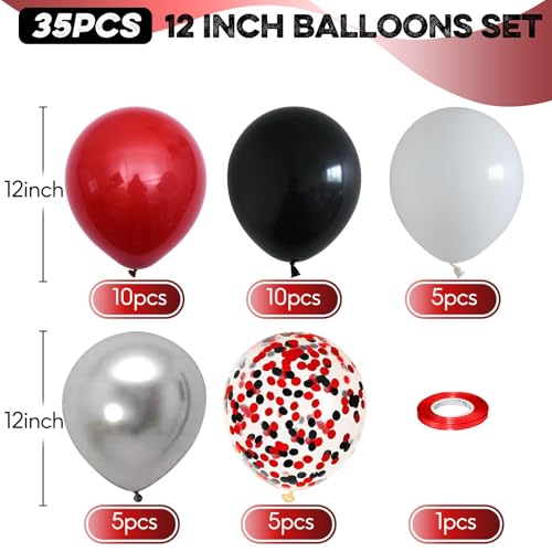 Image of Black Red Balloons, 12 Inch Black Red White and Silver Latex Balloons with Confetti Balloon Party Decoration for Cartoon Birthday Race Car Game Theme Graduation Halloween Party Supplies