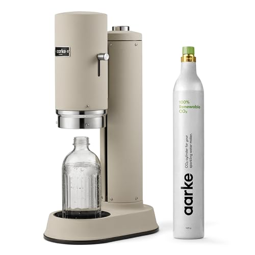 Aarke Carbonator Pro, Sparkling & Carbonation Water Machine, Stainless Steel with Glass Reusable Bottle Volume 800 mL/27 fl oz and CO2 Cylinder (Sand)