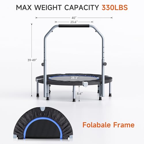Deluxe 40"/48" Foldable Mini Trampoline, 330LBS, Adjustable Handle, Stable & Quiet