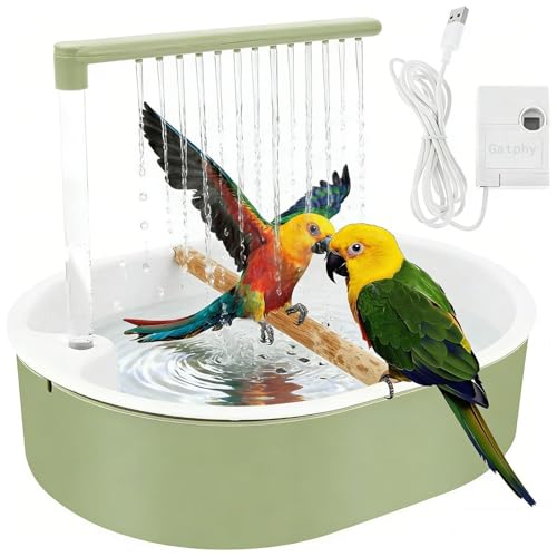 Gatphy Vogel Badewanne 32x26cm Vogelbadewanne für Wellensittiche PP Grün Frischer Stil Automatische Regenwasserzirkulation Vogeldusche mit 26 Wasserauslässe für Sittiche Wellensittich