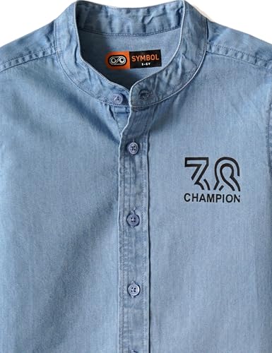 Image of Amazon Brand - Symbol Boys 100% Cotton Regular /Mandarin Collar Denim Shirt | Full Sleeves | Regular Fit | Age 2-14 Years