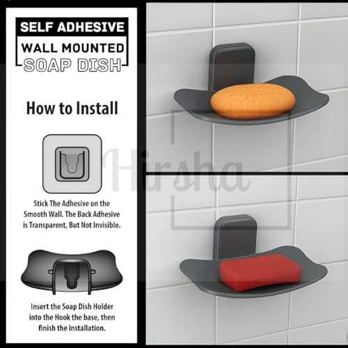 Image of Self Adhesive Soap Holder for Bathroom Wall | Plastic Soap Stand with Drain Tray | Wall Mounted Soap Dish | No Drilling Bathroom Soap Holder (Oval Gray 04)