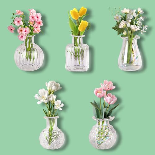 ZOYVUX Cute Mini Vase Magnets for Fridge Tiny Plant Glass Vases with Flowers Magnetic Refrigerator Decor for Kitchen Office Locker (5 Pack)