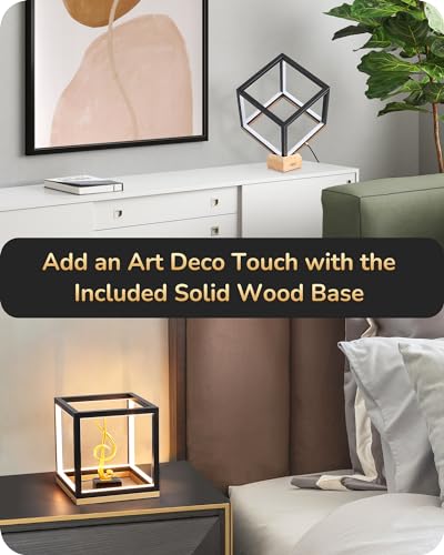 Edishine Modern Led Table Lamp, Minimalist Bedside Lamp With Solid Wood Base, 3 Way Dimmable, 3000K/4500K/6000K, 470Lm, Black Gold Square Geometric Nightstand Lamp For Living Room thumb #2