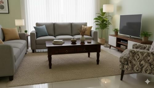 Image of MISAN Solid Sheesham Wood Coffee Table - Elegant Center Table with Two Spacious Drawers | Sturdy & Stylish Wooden Furniture for Home & Living Room (A - Walnut)