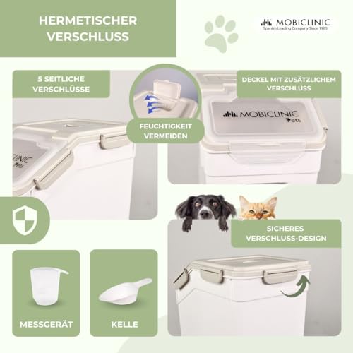 Mobiclinic® Pets, Futterbehälter, Für Haustiere, Feedpet, Fassungsvermögen 20L / 8Kg, Hermetischer Verschluss, 23x25, 5x36, 5cm, Inkl. Schaufel und messbecher, Mit rädern, Klarsichtfenster