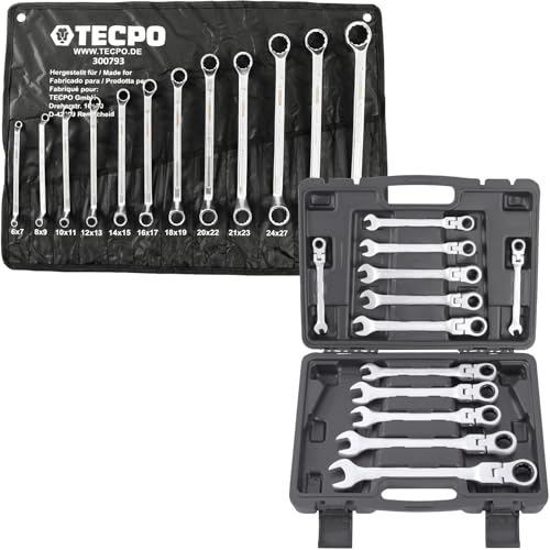 TECPO Set di chiavi a cricchetto snodato, 8 – 22 mm + chiave ad anello 6 – 32 mm