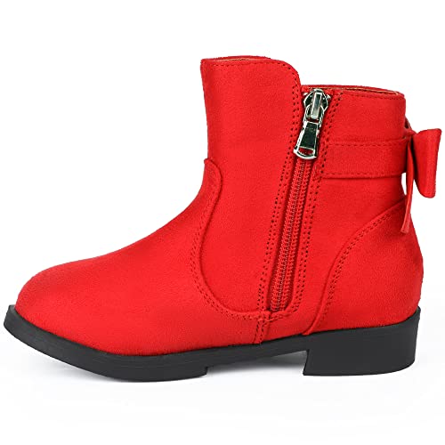 PANDANINJIA Polly Girls Boots Toddler Kids Ankle Boots Dress Short Bow Booties with Side Zipper (Red Suede, 3 M US Little Kid)3